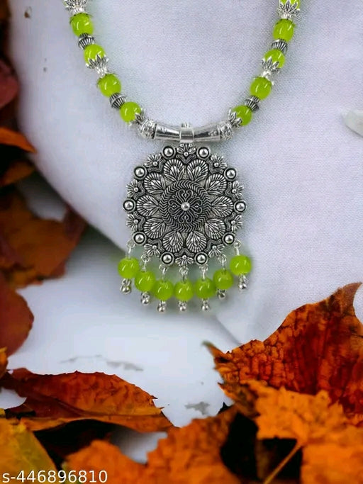 Handmade Green Beads Oxidised Silver Pendant & Earrings Set for Women - Indian Ethnic Necklace Set