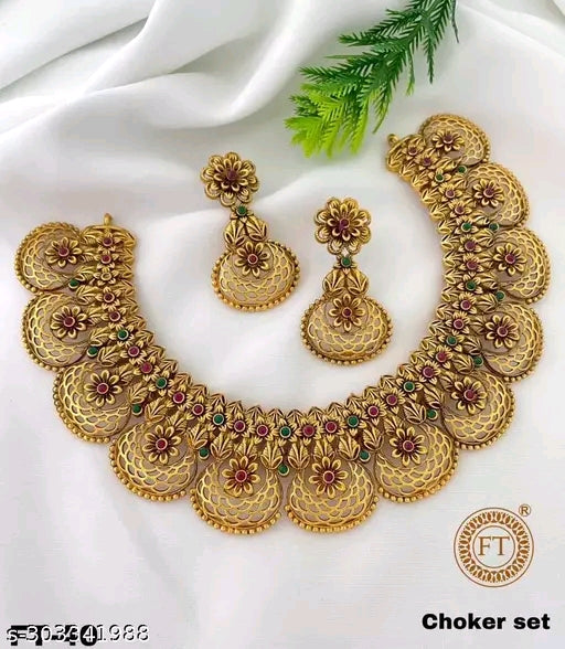 New Designer Matte Finish Gold-Plated Antique Jewellery Set with Adjustable Necklace & Earrings