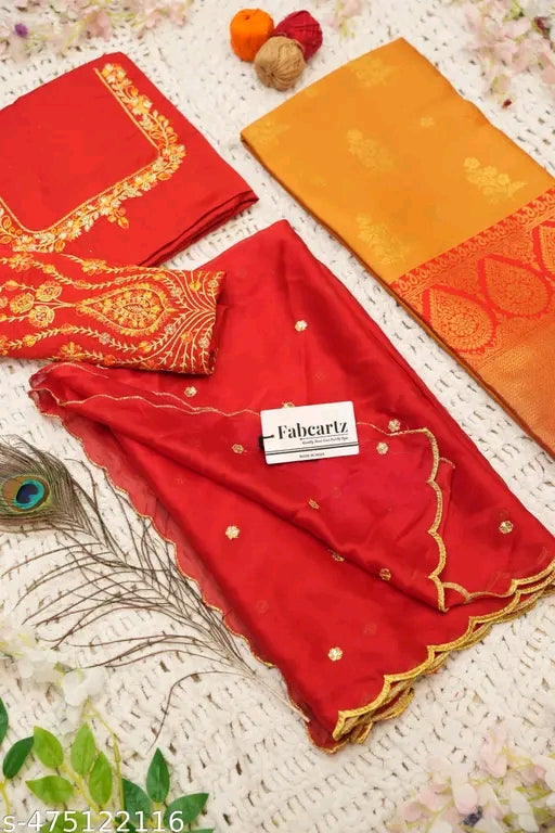 Trending South Indian Half Saree Set With Blouse & Rangoli Embroidery Dupatta#