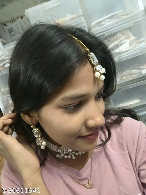 Elegant Gold-Plated Choker Set with Earrings & Maangtika - Adjustable, Skin-Friendly Design
