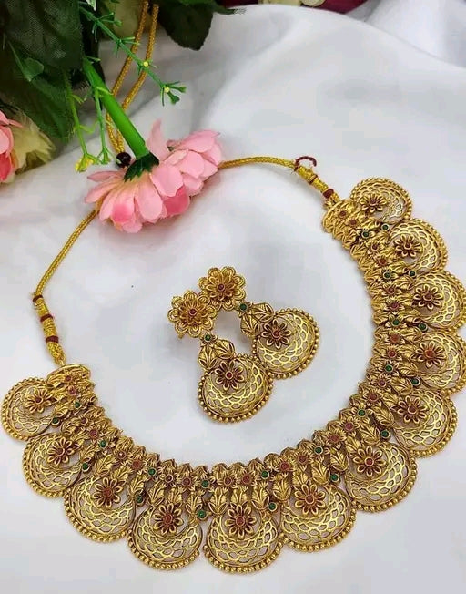 New Designer Matte Finish Gold-Plated Antique Jewellery Set with Adjustable Necklace & Earrings