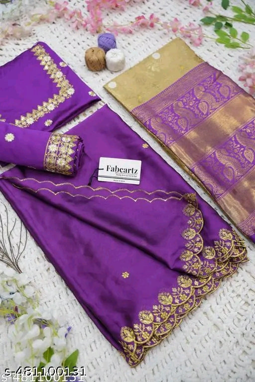 Trending South Indian Unstitched Half Saree Set with Blouse & Rangoli Embroidery Dupatta#