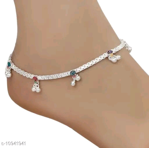 Stylish Alloy Metal Silver-Plated Anklet for Women with Artificial Stones