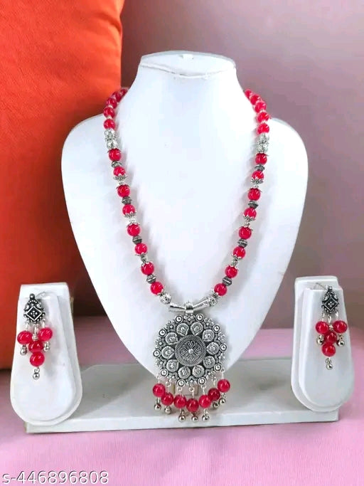 Fashion Jewellery Handmade Red Beads Oxidised Silver Pendant and Earrings Set for Women, Indian Ethnic Necklace Set