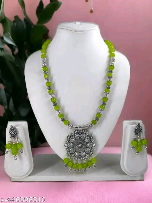 Handmade Green Beads Oxidised Silver Pendant & Earrings Set for Women - Indian Ethnic Necklace Set