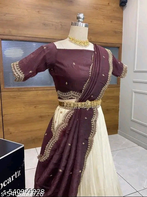 Beautiful SemiStitch Half Saree with Pure Viscose Shimmer & Embroidery work Gold Curshed Blouse with Dupatta#