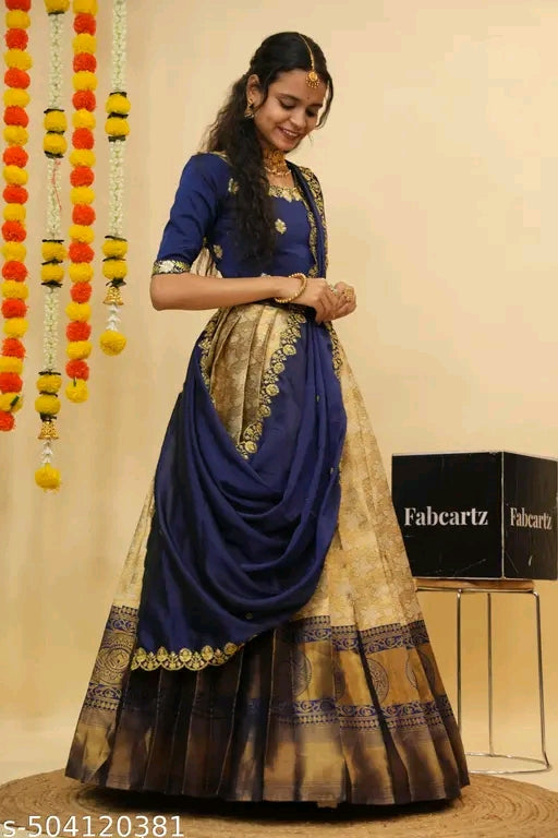 Beautiful Semistitch Half Saree with Woven Design & Rangoli Embroidery Dupatta For Women#