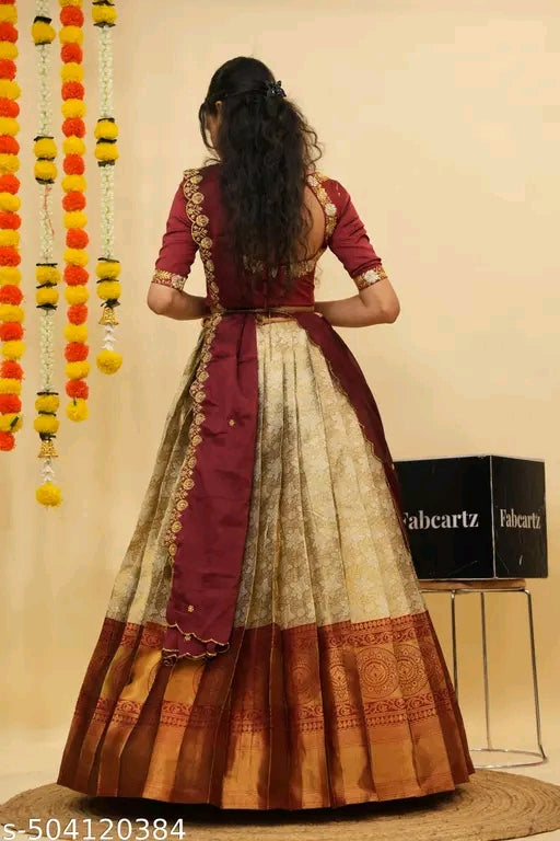 Beautiful Semistitch Half Saree for Women with Woven Design & Rangoli Embroidery Dupatta#