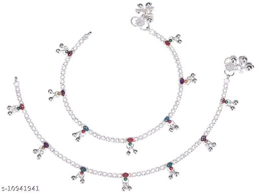 Stylish Alloy Metal Silver-Plated Anklet for Women with Artificial Stones