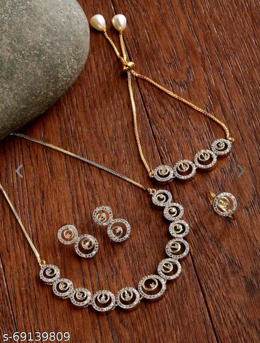 Elegant Gold-Plated American Diamond Jewelry Set – Necklace, Earrings, Bracelet &Ring
