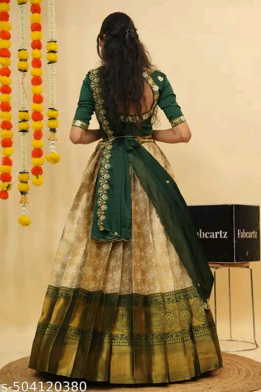 Beautiful Semi-Stitched Half Saree for Women with Woven Design & Rangoli Embroidery Dupatta#