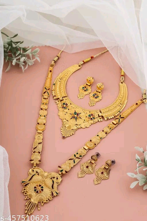 Feminine Fusion Gold-Plated Haram and Earrings Set – Elegant Alloy Jewelry India