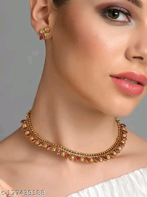 Elegant South Indian Bridal Jewelry Set Gold Plated Choker Necklace Earrings Maangalyam India