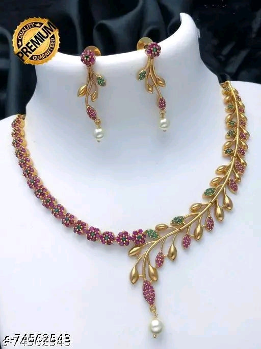 Premium Quality CZ Matte Finish AD Stone Necklace with Earrings - Gold Plated for Women &amp; Girls