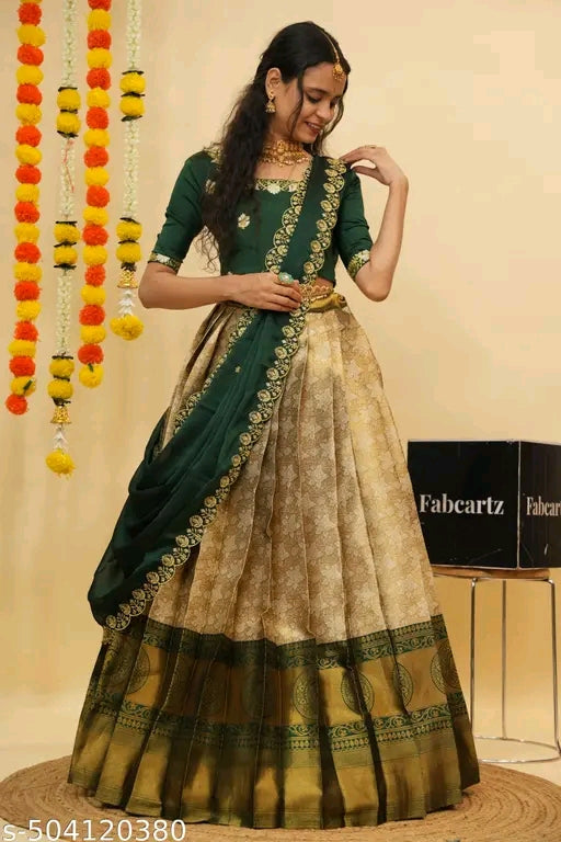 Beautiful Semi-Stitched Half Saree for Women with Woven Design & Rangoli Embroidery Dupatta#