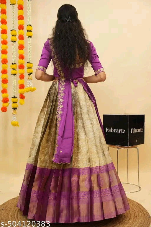 Beautiful Semi-Stitch Half Saree for Women with Woven Design & Rangoli Embroidery Dupatta | Party & Wedding Wear#