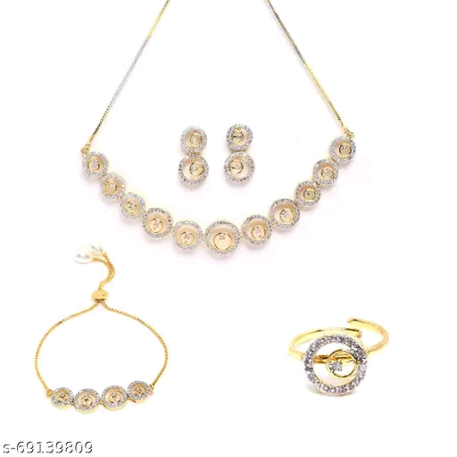 Elegant Gold-Plated American Diamond Jewelry Set – Necklace, Earrings, Bracelet &Ring