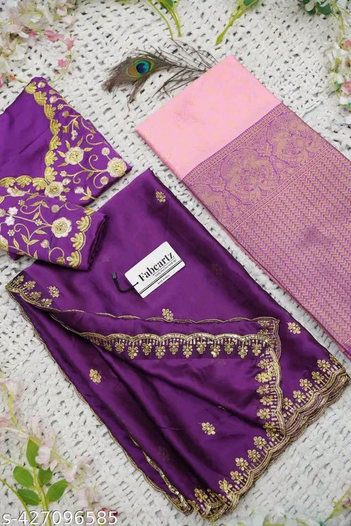 Purple saree with gold embroidery on a floral background