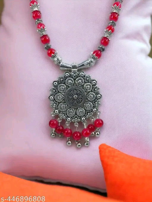 Fashion Jewellery Handmade Red Beads Oxidised Silver Pendant and Earrings Set for Women, Indian Ethnic Necklace Set