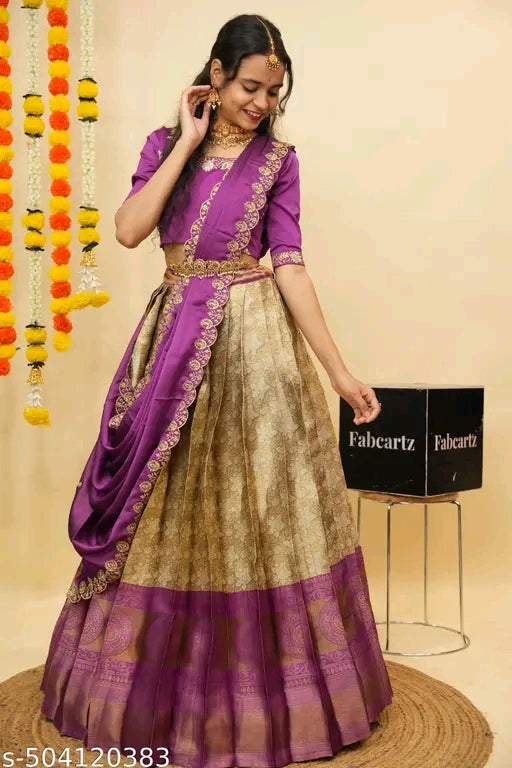 Beautiful Semi-Stitch Half Saree for Women with Woven Design & Rangoli Embroidery Dupatta | Party & Wedding Wear#
