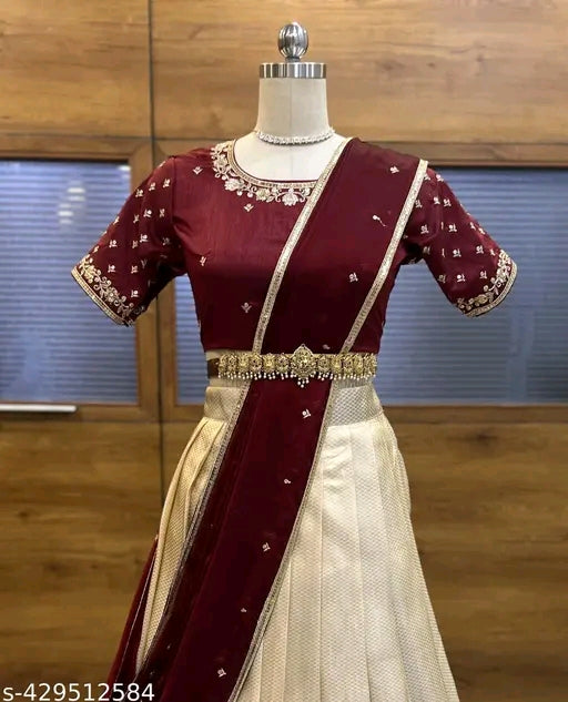 Soft Silk South Indian Half Saree with Embroidery Blouse & Rangoli Dupatta#