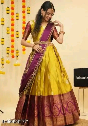 Trending South Indian Litchi Silk Half Saree with Blouse & Rangoli Dupatta #