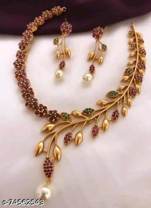 Premium Quality CZ Matte Finish AD Stone Necklace with Earrings - Gold Plated for Women &amp; Girls