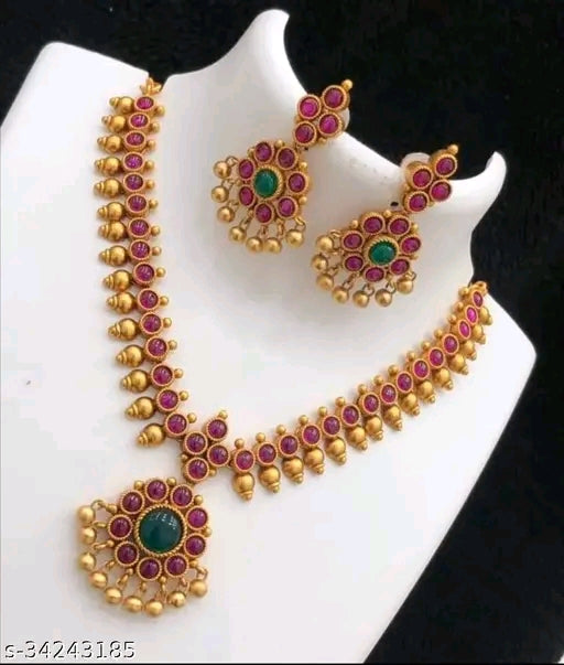 Elite Chunky Ruby Jewellery Set – Gold Plated Necklace & Earrings