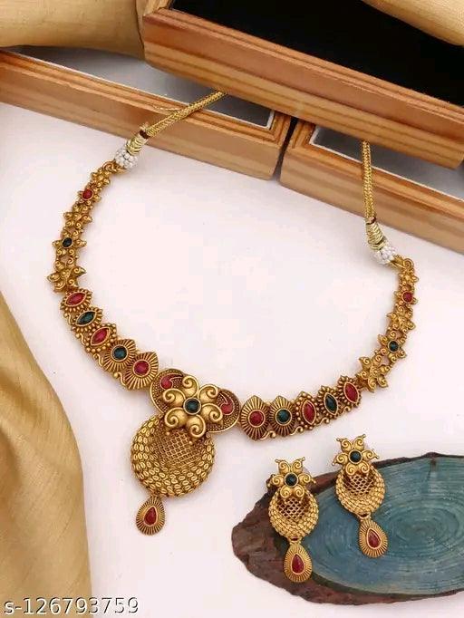 Feminine Fusion Gold-Plated Haram and Earrings Set – Elegant Alloy Jewelry India