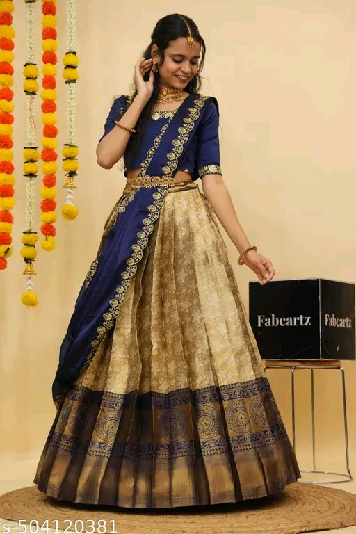 Beautiful Semistitch Half Saree with Woven Design & Rangoli Embroidery Dupatta For Women#