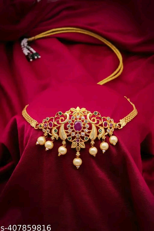 Feminine Chunky Gold-Plated Jewellery Set with American Diamonds - Adjustable