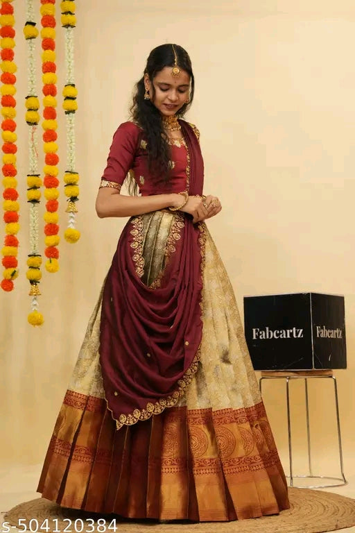 Beautiful Semistitch Half Saree for Women with Woven Design & Rangoli Embroidery Dupatta#