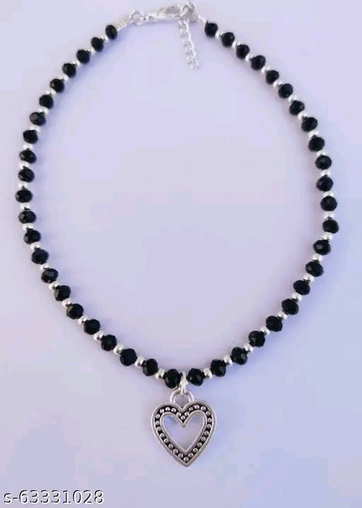 Charming Heart Crystal Anklet for Women & Girls - Adjustable Black &amp; White Chain"