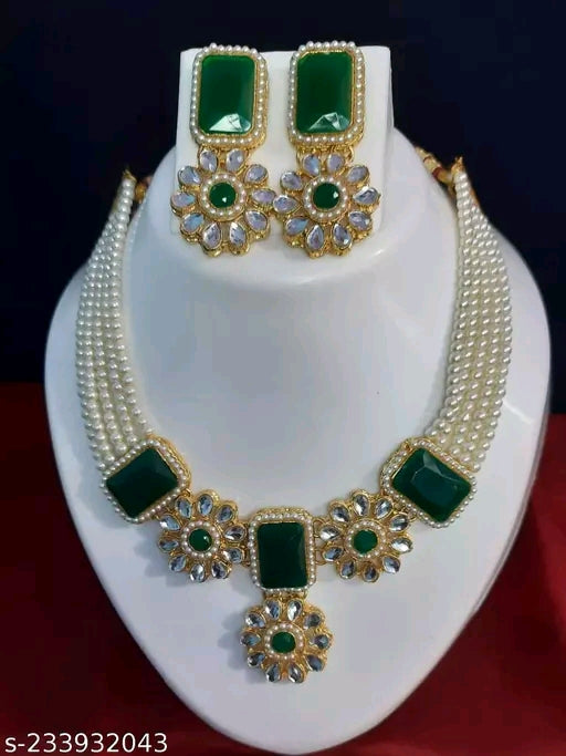 Elegant Kundan Beads Choker Necklace Set for Women | Gold-Plated Alloy Jewelry with Matching Earrings"
