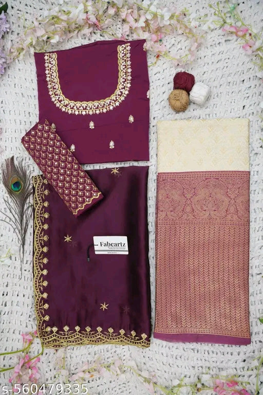 Beautiful Woven Lichi Silk Half Saree with Embroidered Blouse & Rangoli Dupatta #