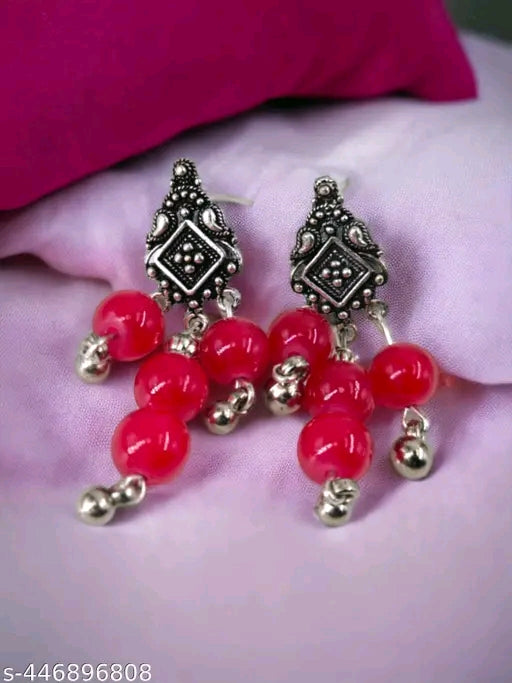 Fashion Jewellery Handmade Red Beads Oxidised Silver Pendant and Earrings Set for Women, Indian Ethnic Necklace Set