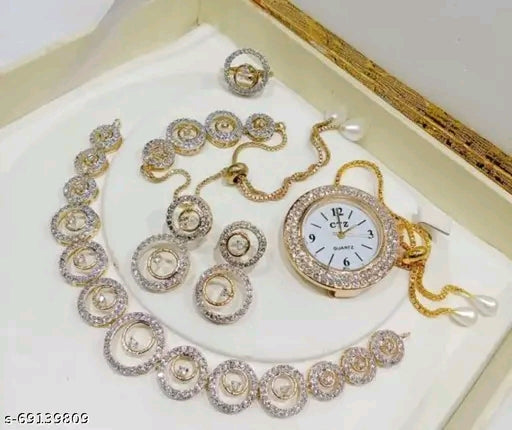 Elegant Gold-Plated American Diamond Jewelry Set – Necklace, Earrings, Bracelet &Ring