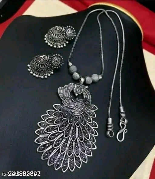 शिमरिंग फ्यूज़न ऑक्सीडाइज़्ड सिल्वर ज्वेलरी सेट - एडजस्टेबल नेकलेस और इयररिंग कॉम्बो