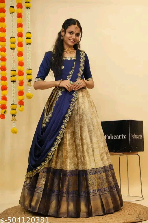 Woman in a blue and beige traditional outfit with decorative elements, standing next to a Fabcarlz box.