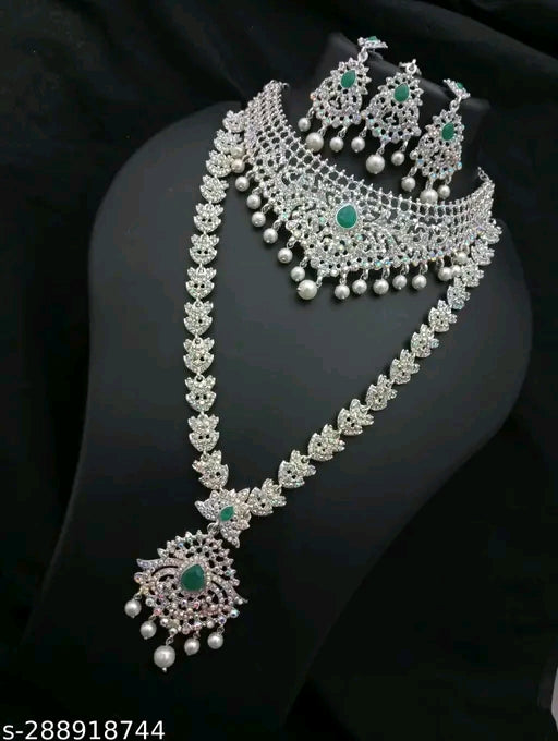 Exquisite Bridal Stone Jewellery Set – Silver Plated Wedding Covering Set