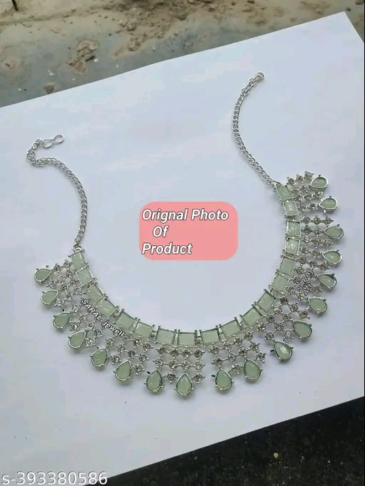 Mint Green Rhodium Plated Jewelry Set with Cubic Zirconia – Necklace & Earrings