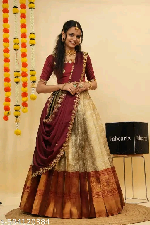 Woman in traditional outfit with Fabcartz branding in the background