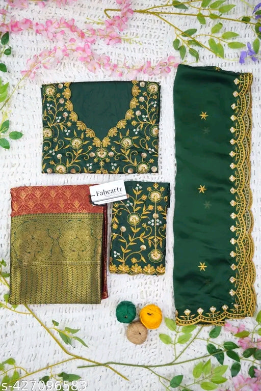 South Indian Style Litchi Silk Half Saree with Embroidered Blouse & Tapeta Dupatta #