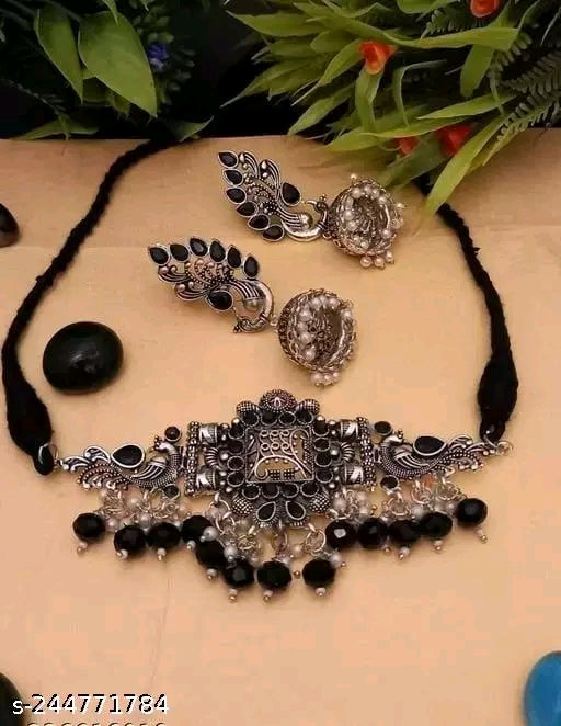 "Elite Oxidised Silver Choker Set – Stunning Pearl-Embellished Necklace & Earrings"