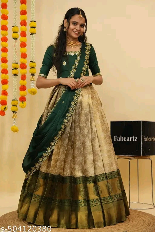 Woman in a green and beige traditional outfit with decorative elements, standing in front of a Fabcartz branded box.