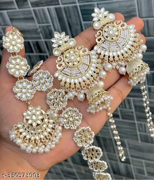 Princess Fancy Jewellery Set – Gold Plated Maangtika & Earrings with Pearls