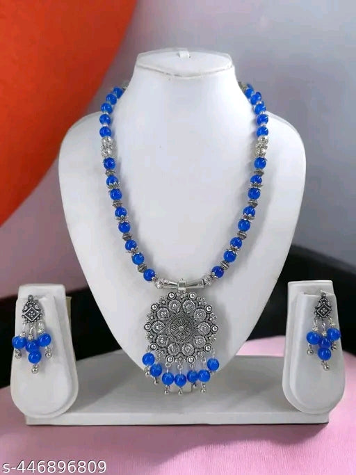 Handmade Blue Beads Oxidised Silver Pendant & Earrings Set – Indian Ethnic Jewelry for Women