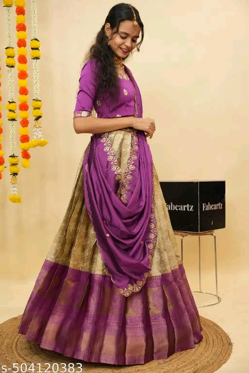 Beautiful Semi-Stitch Half Saree for Women with Woven Design & Rangoli Embroidery Dupatta | Party & Wedding Wear#