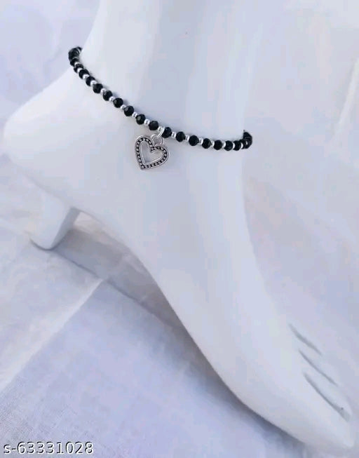 Charming Heart Crystal Anklet for Women & Girls - Adjustable Black &amp; White Chain"