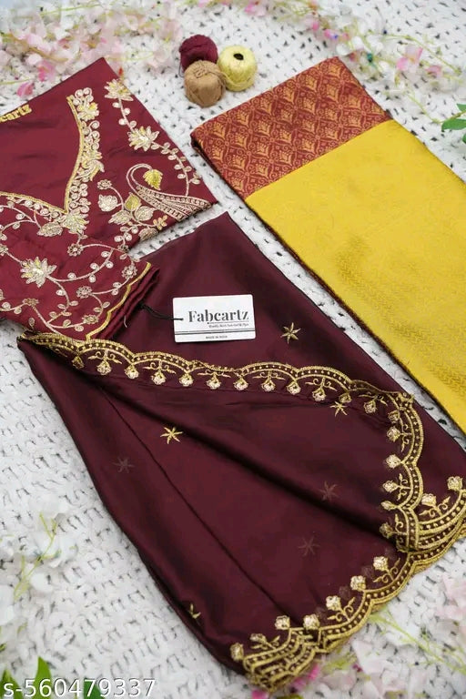 Beautiful Lichi Silk Woven Half Saree with Embroidered Blouse & Rangoli Dupatta #